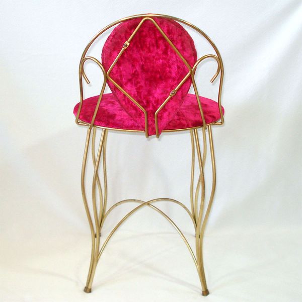 Brass, Hot Pink Velour Mid Century Vanity Chair Stool #3