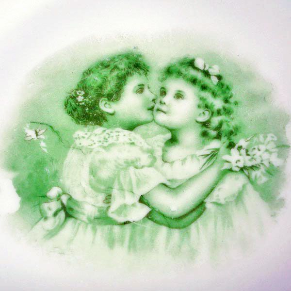 Antique Photographic Transfer Porcelain Plate Hugging Little Girls #2