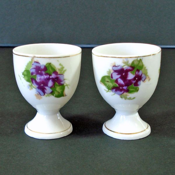 Pair Violets Porcelain Egg Cups #1
