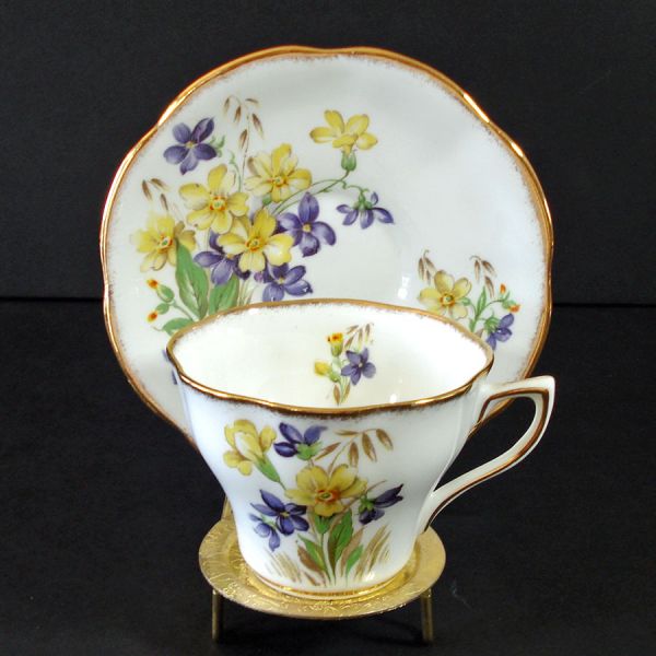 Purple Yellow Violets Bone China Teacup and Saucer #1