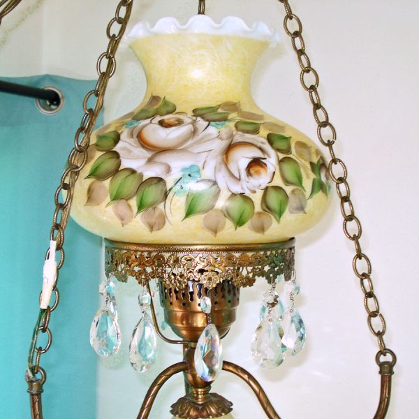 Victorian Style Glass Hurricane Electric Hanging Lamp Roses, Prisms #2