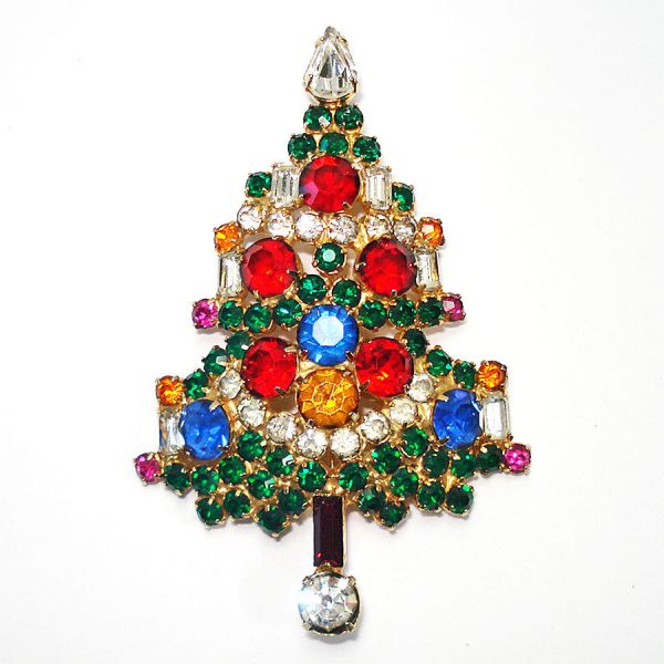 Warner Rhinestone Christmas Tree With Candles Brooch Pin