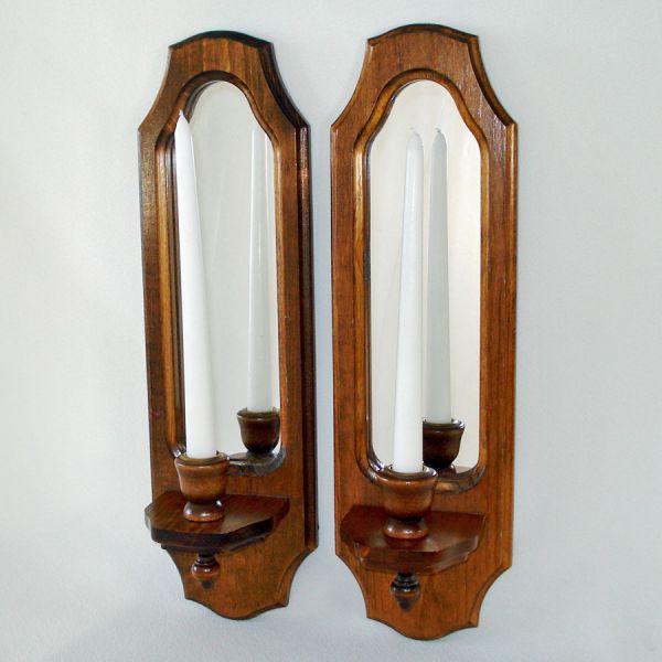 Pair Mirrored Wood Candle Wall Sconces 1970s