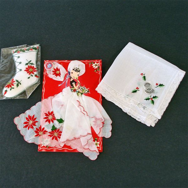 Christmas Embroidered Poinsettia Holly Hankies and Sachet