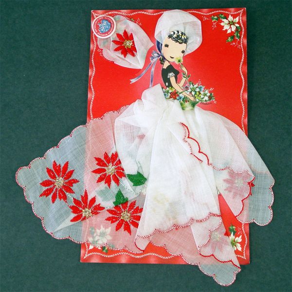 Christmas Embroidered Poinsettia Holly Hankies and Sachet #2