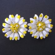 White Yellow Daisies Enameled Clip On Earrings
