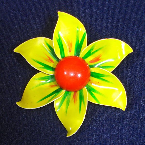 Yellow, Orange, Green 1960s Enameled Flower Power Brooch Pin #1