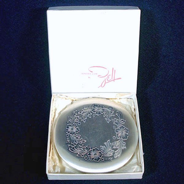 Zell Fifth Avenue Silverplate Etched Flowers Powder Compact With Box